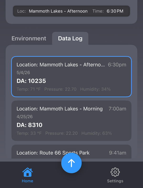 Quick DA data log showing saved density altitude readings with location and conditions
