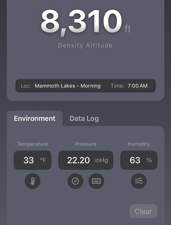 Quick DA environment inputs — temperature, barometric pressure, and humidity for precise density altitude calculation